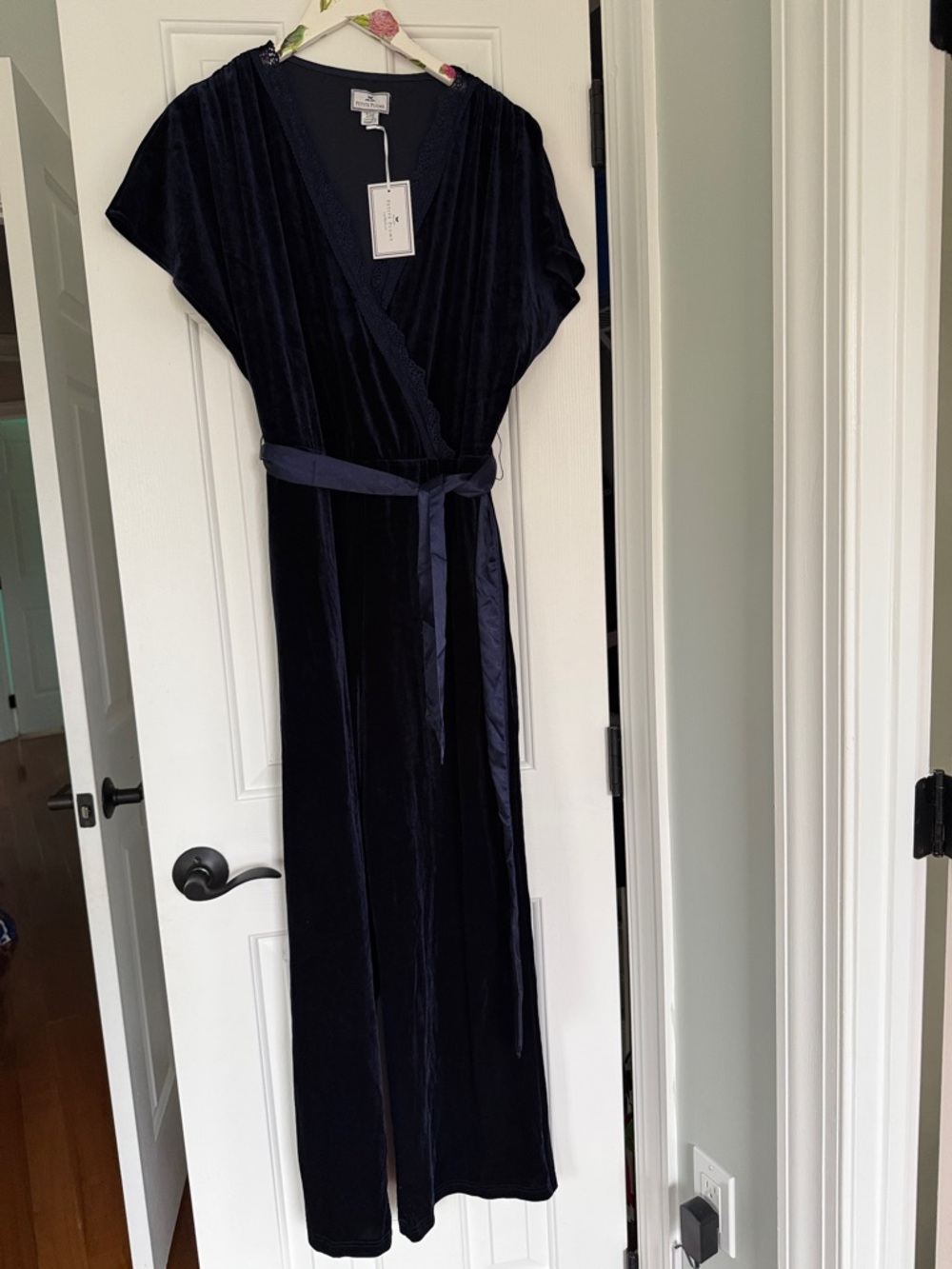 Petite Plume Women's Navy Velvet Maxi Jumpsuit Pajamas sleepwear